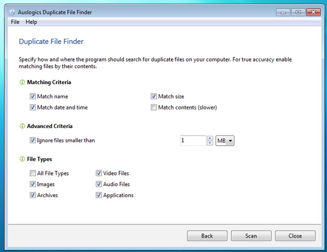 Enable Matching Criteria & File Type in Auslogics Duplicate File Finder