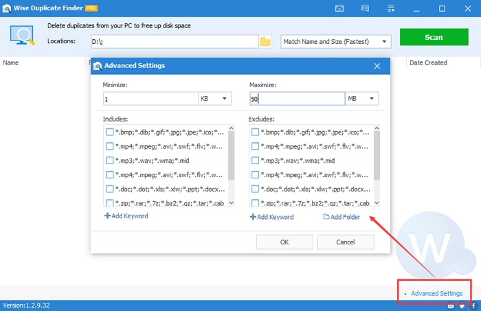 Advanced Settings for Find Duplicate Files