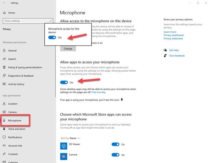 Allow apps to access your microphone option