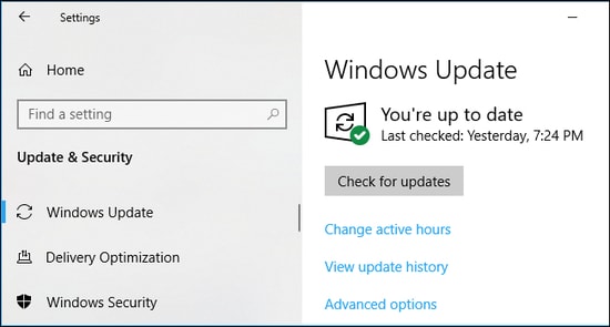 Click Check for Updates in windows settings