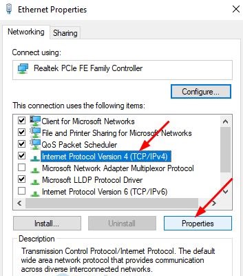 Click on Internet Protocol Version 4 and After That Navigate Properties