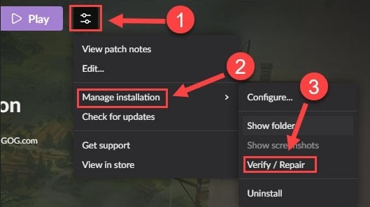 Click on Manage Installation and Choose Verify/Repair Option