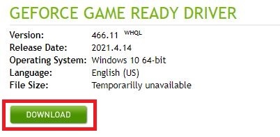 Click on the Download Button - Geforce Driver