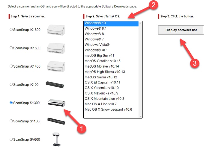 Select ScanSnap S1300i from Software List