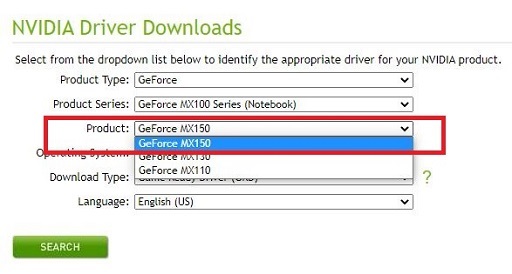 Go to Product and Choose GeForce MX150