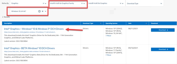 Select the Intel® Iris® Xe Graphics Family Driver