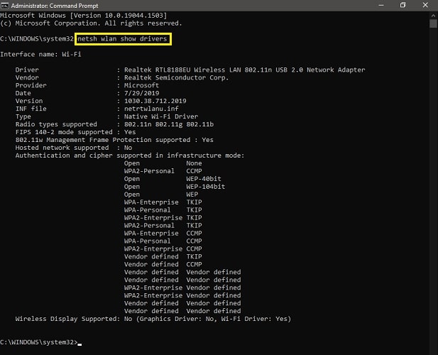 netsh wlan show drivers