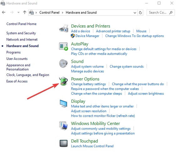 Choose Power Options in Hardware and Sound Menu