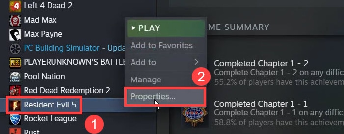 Right Click on Resident Evil 5 and Choose Properties in Steam Library