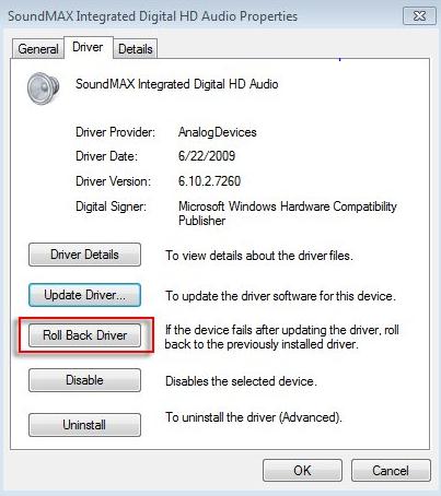 click on the Roll Back Driver Option