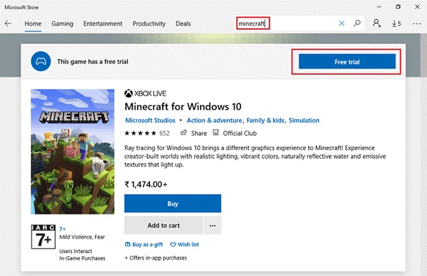 Search for Minecraft and Click on Get
