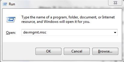 Type devmgmt.msc in Run Dialog Box