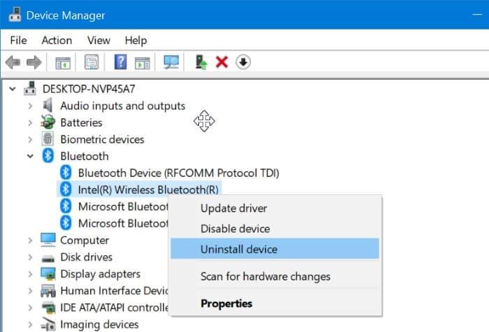 uninstall Wireless Bluetooth device