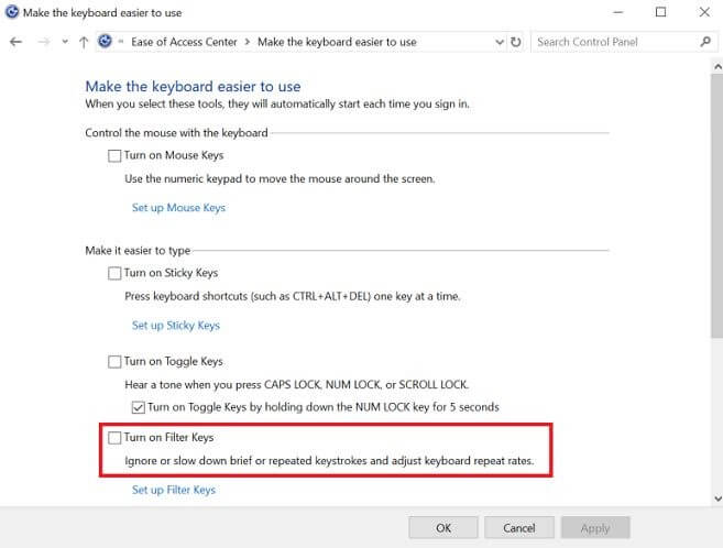 Unmark The Turn On Filter Keys Option