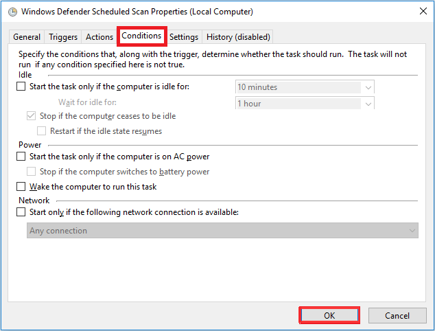 condition tab for windows defender scheduled task