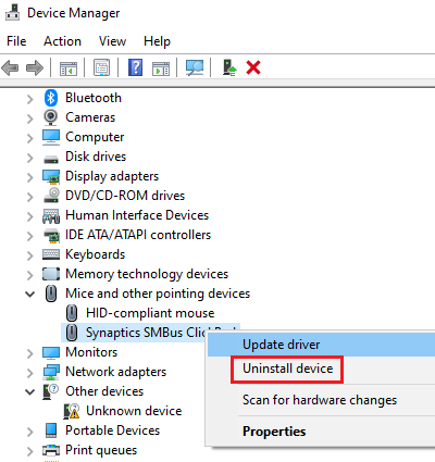 select the Uninstall device option