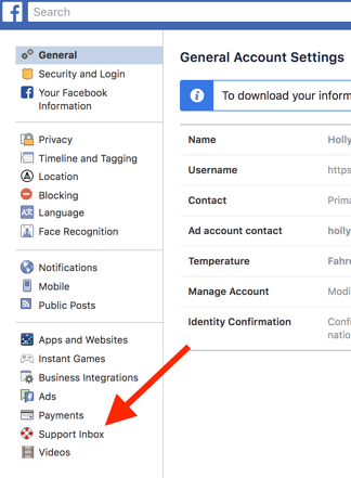 Facebook support inbox