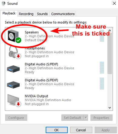 green tick mark on the Speakers option