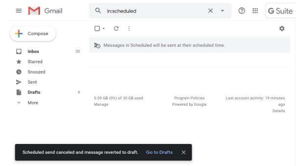 Scheduled send canceled and message reverted to draft.