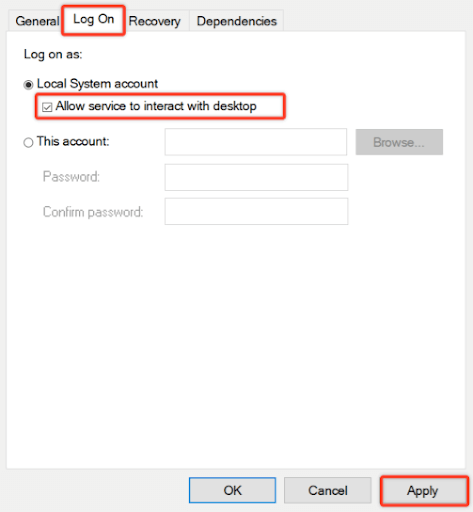 Log on and Allow service to interact with desktop