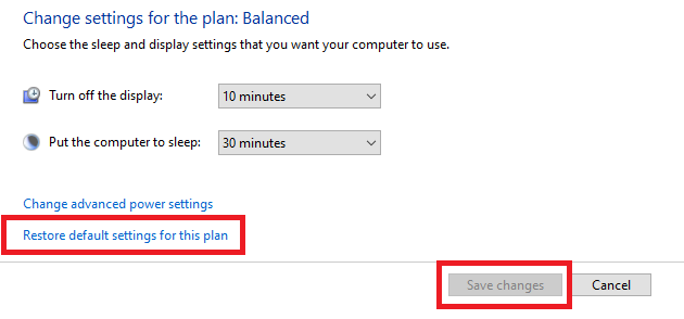 Restore default settings for this plan