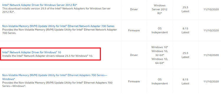 Select Intel Network Adapter Driver for Windows 10