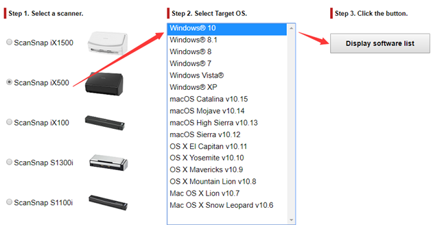 select ScanSnap iX500 with operating system