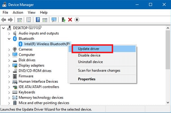 Select Update Driver Option To Update Bluetooth Driver Windows 10