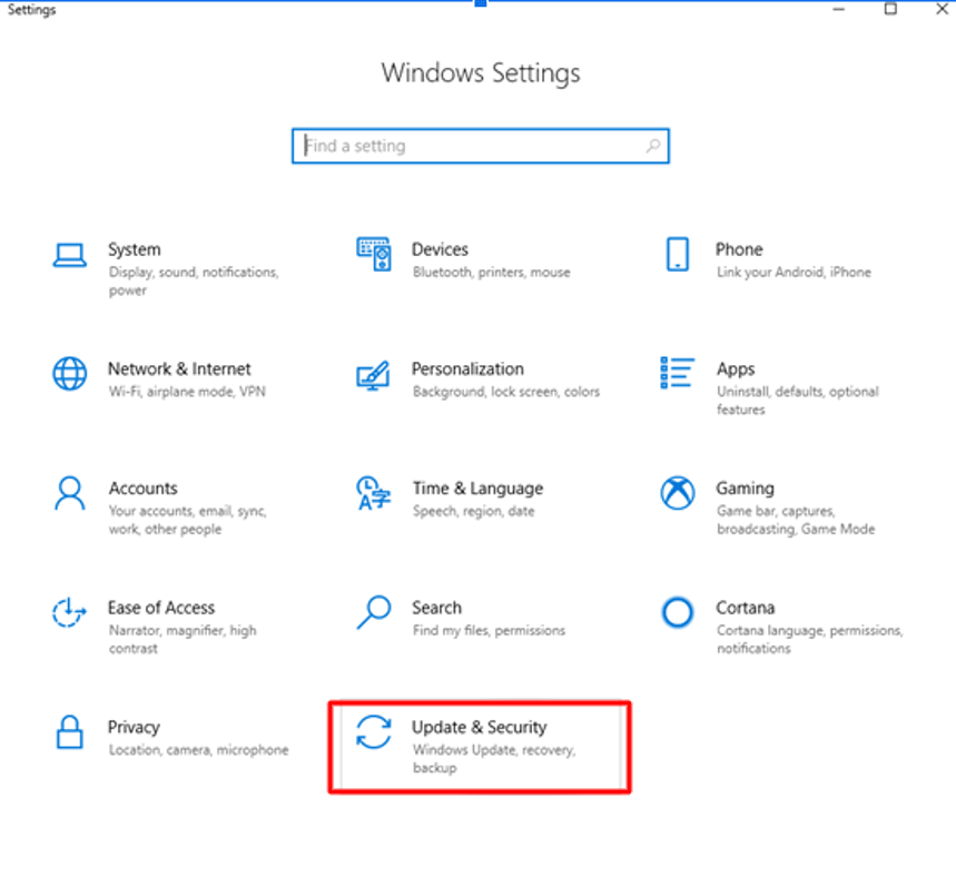 Update & Security in Windows Settings