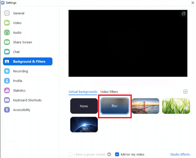 Virtual Backgrounds option, select Blur