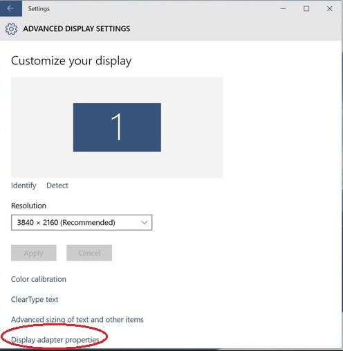 click on the Display Adapter properties